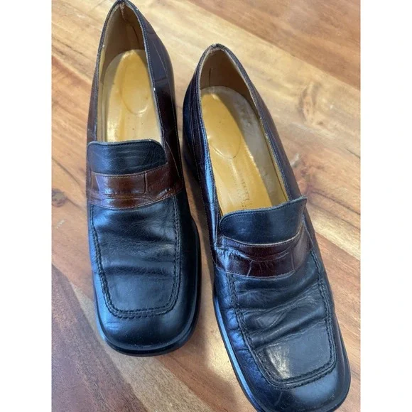 Black Chunky Leather Square Toe Oxford Heeled Shoes Grunge Clueless Y2K VTG 8 B‎ - Picture 2 of 8